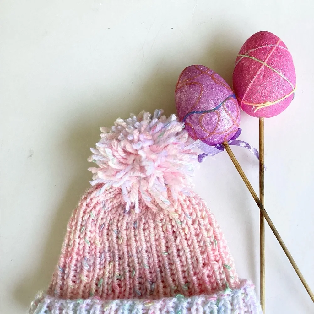 Beanie Pom Pom Hand Crafted Pastel Knit Pink White